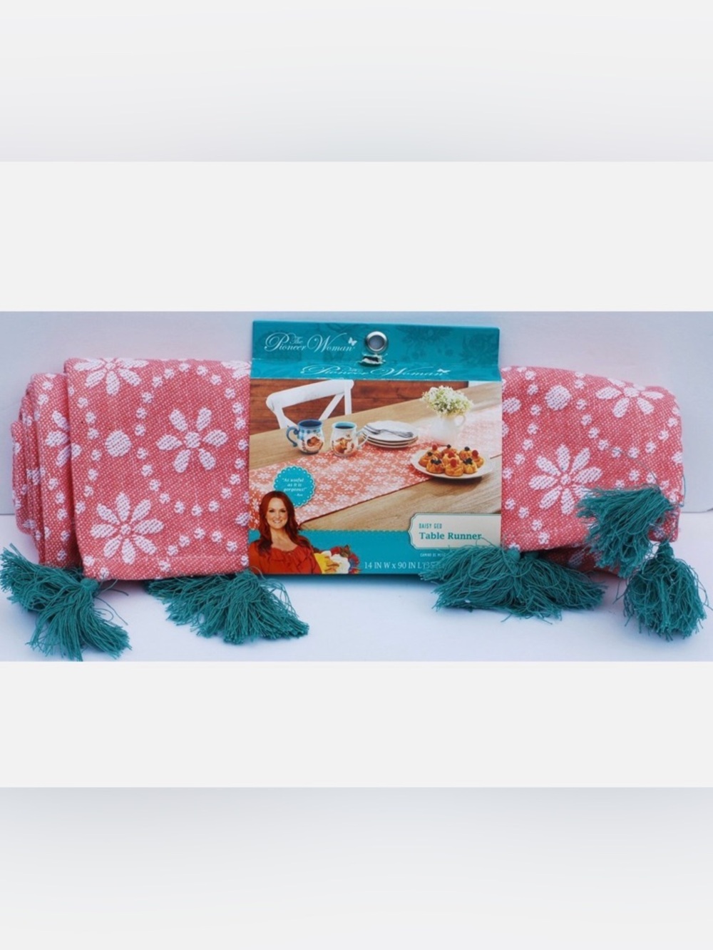 Pioneer Woman Table Runner 100% Cotton Floral Motif Coral White 17x90 Mod Daisy